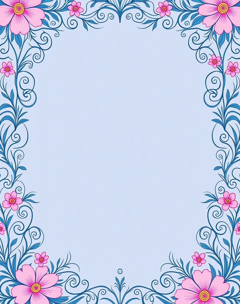 Pink Floral Blue Swirl Frame Rug