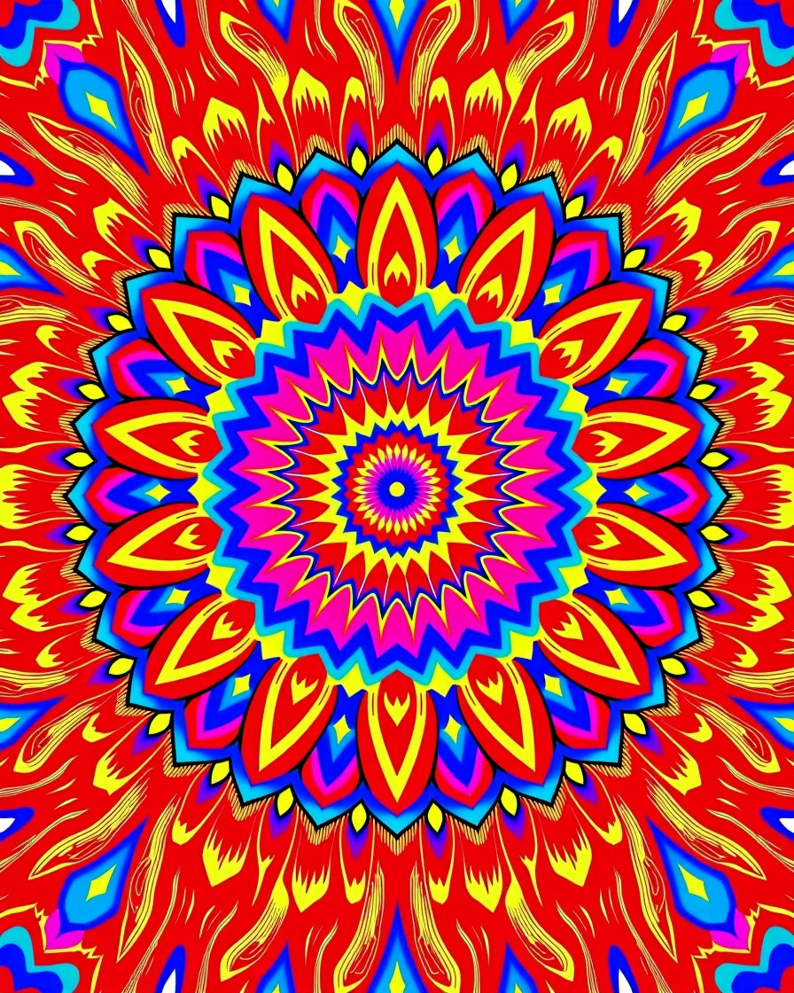Vibrant Red Sunburst Mandala Rug