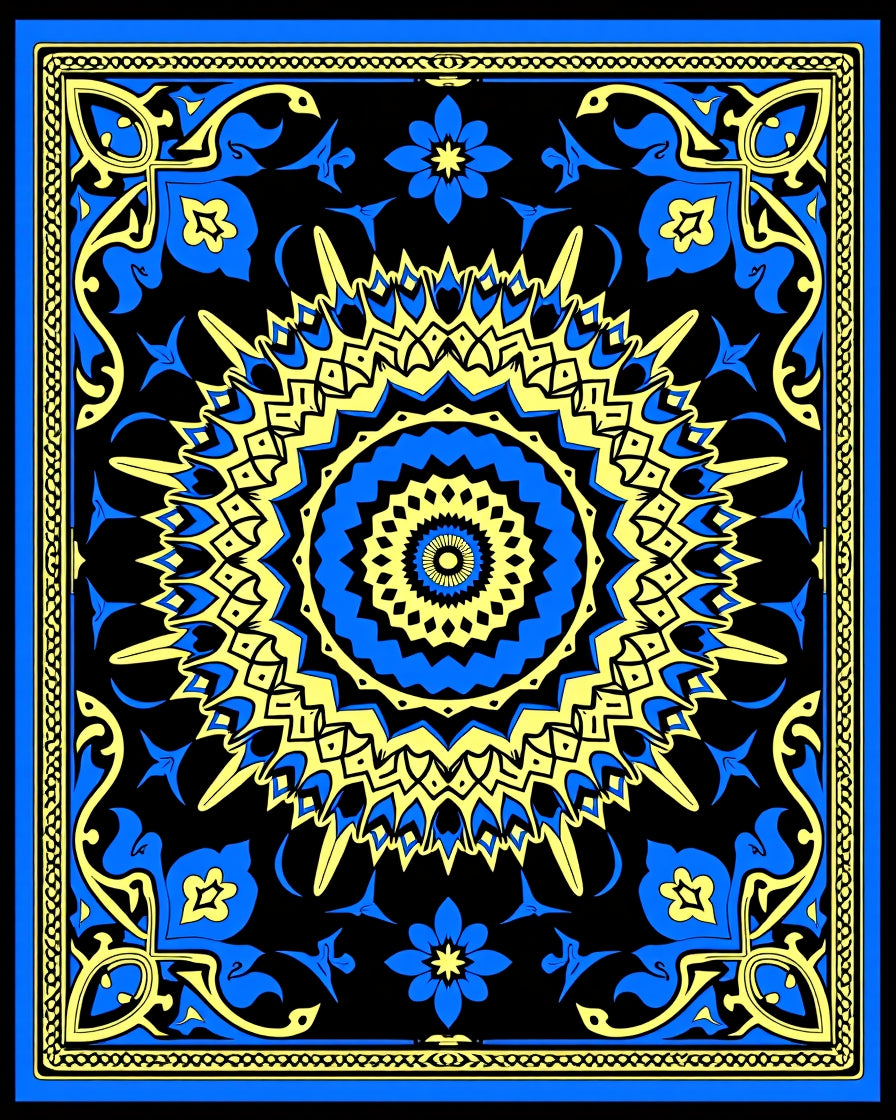 Bold Blue Yellow Sunburst Mandala Rug