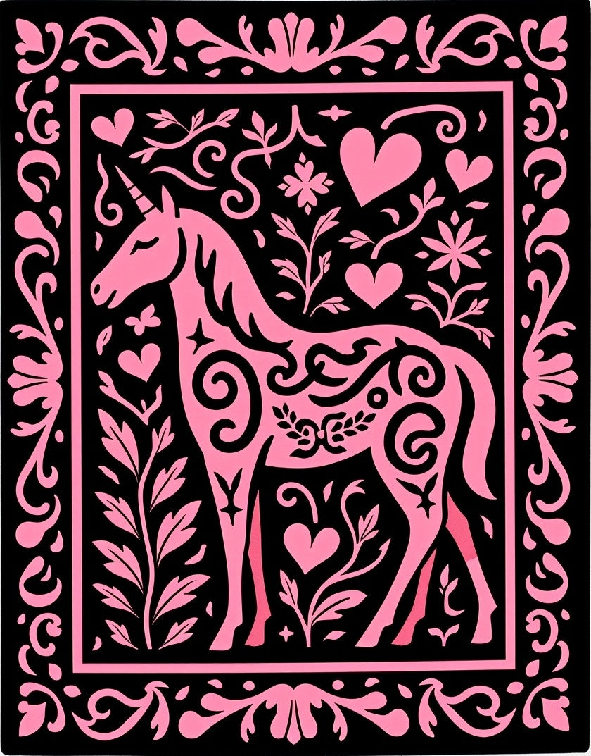 Pink Unicorn Hearts Floral Border Rug