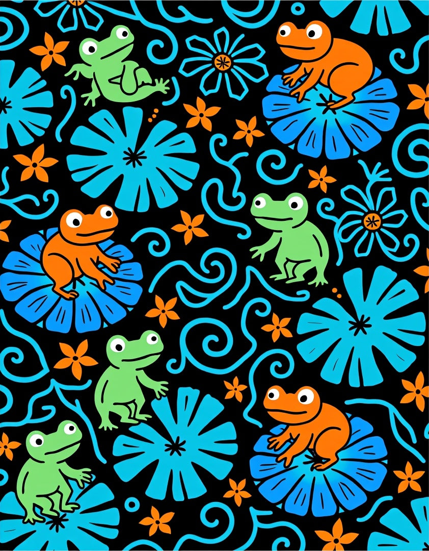 Whimsical Orange Green Frog Floral Swirls Rug