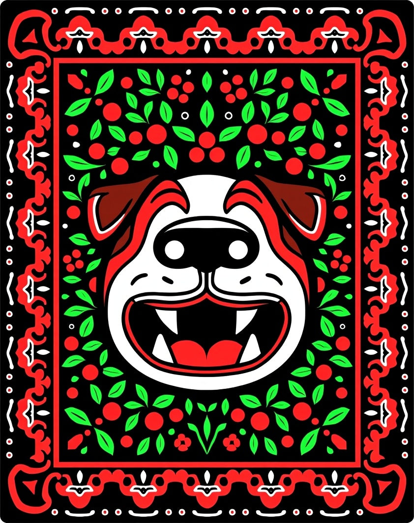 Bold Red Bulldog Floral Border Rug