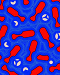 Vibrant Red Abstract Blue Organic Forms Rug