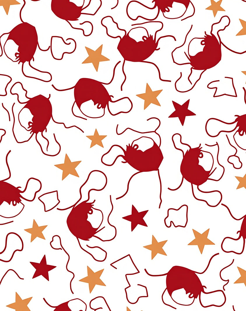 Whimsical Red Figures Golden Stars Rug