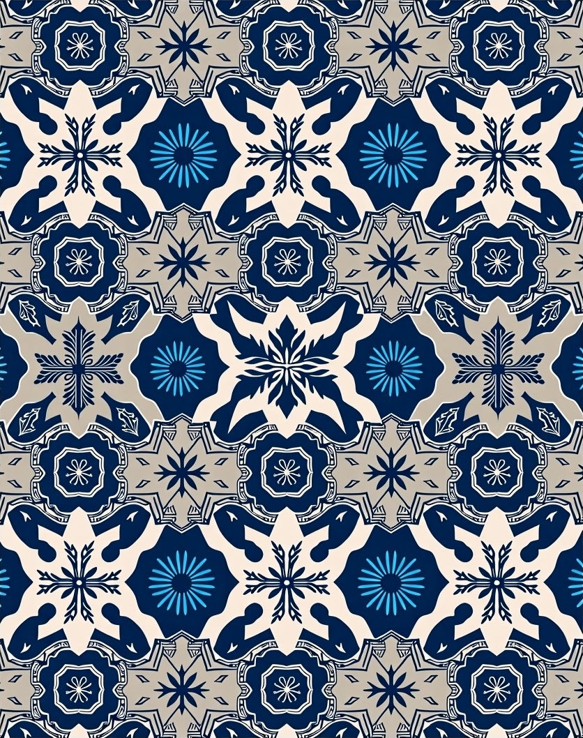 Navy Blue Ivory Geometric Starburst Rug