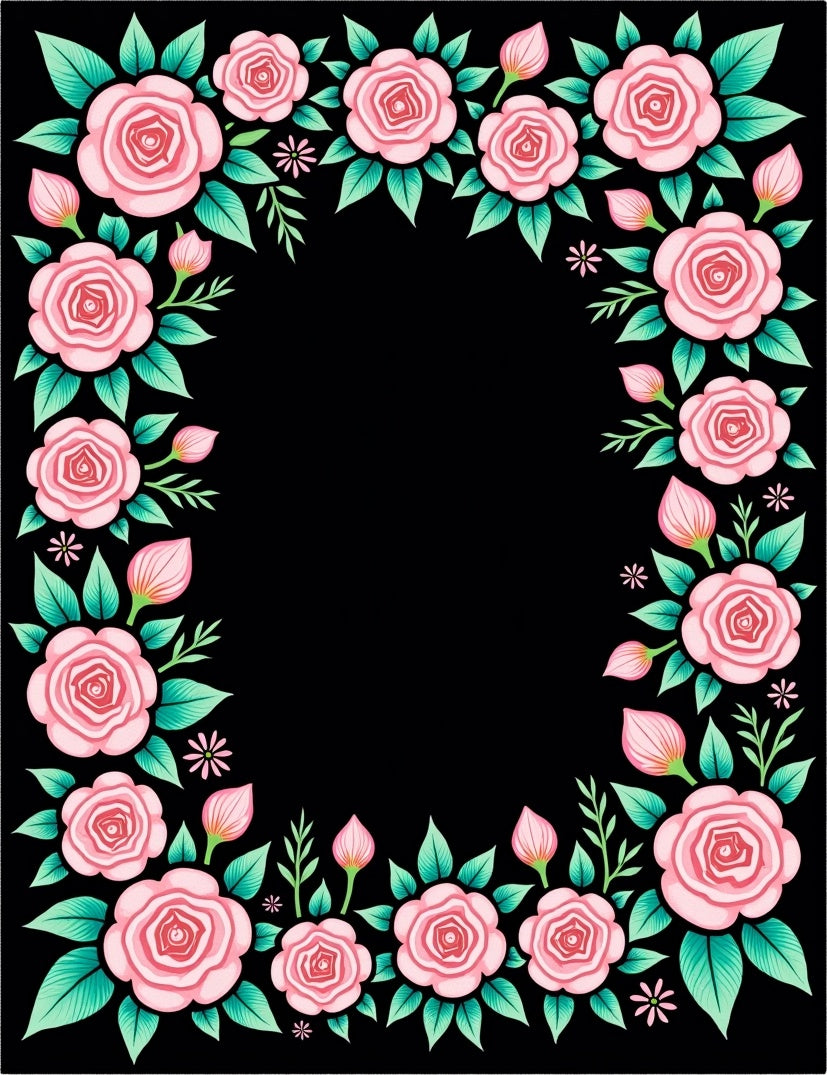 Pink Roses Black Floral Wreath Rug