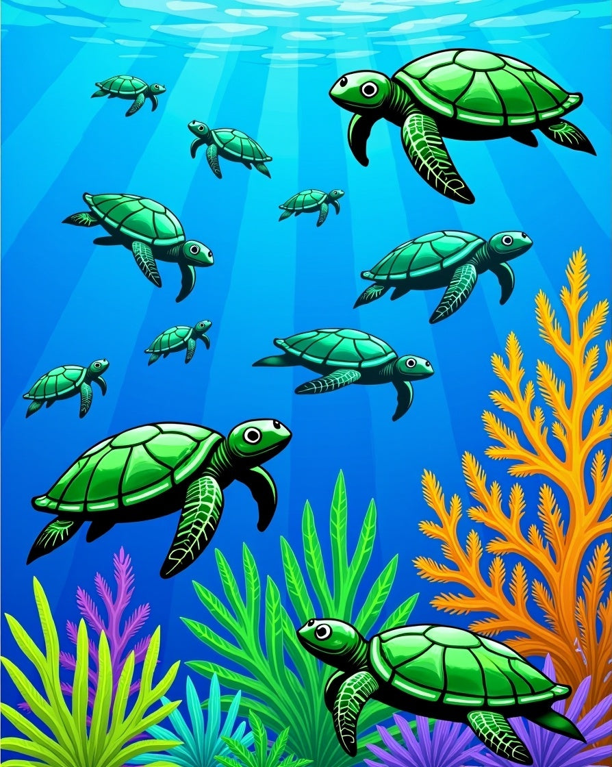 Sea Turtle School Underwater Cartoon Rug