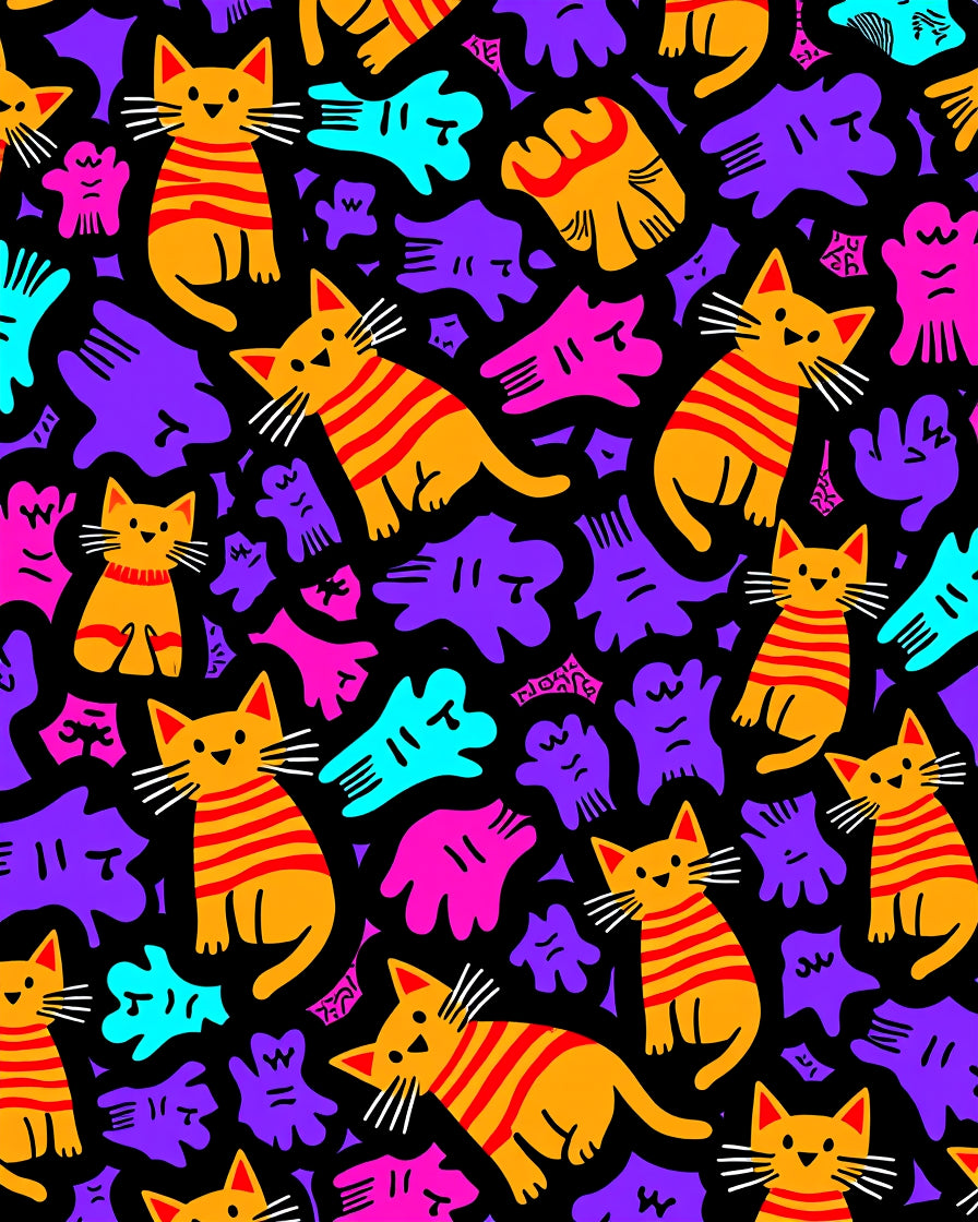 Orange Striped Cats Purple Blob Collage Rug