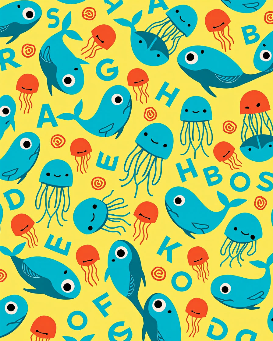 Whimsical Blue Whales and Jellyfish Alphabet Rug