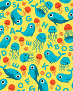 Whimsical Blue Whales and Jellyfish Alphabet Rug
