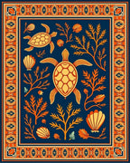 Yellow Teal Turtle Sea Life Border Rug