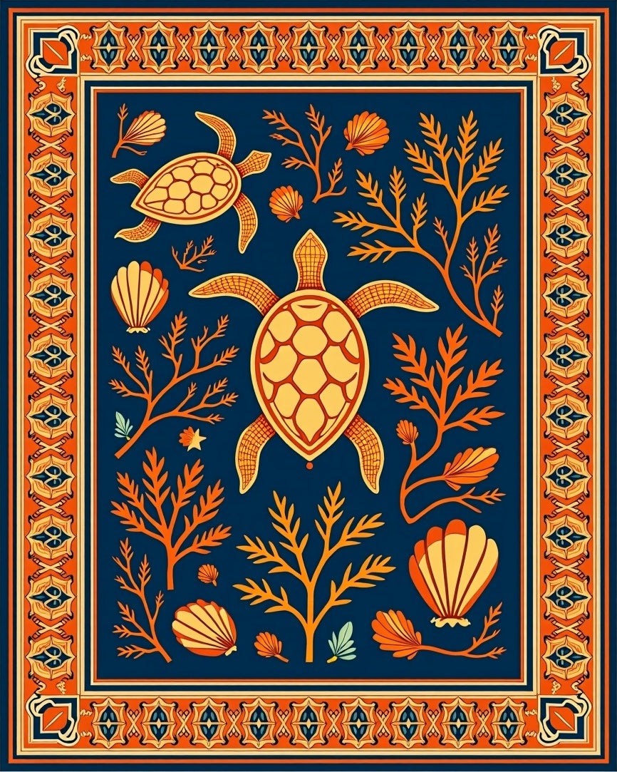 Yellow Teal Turtle Sea Life Border Rug