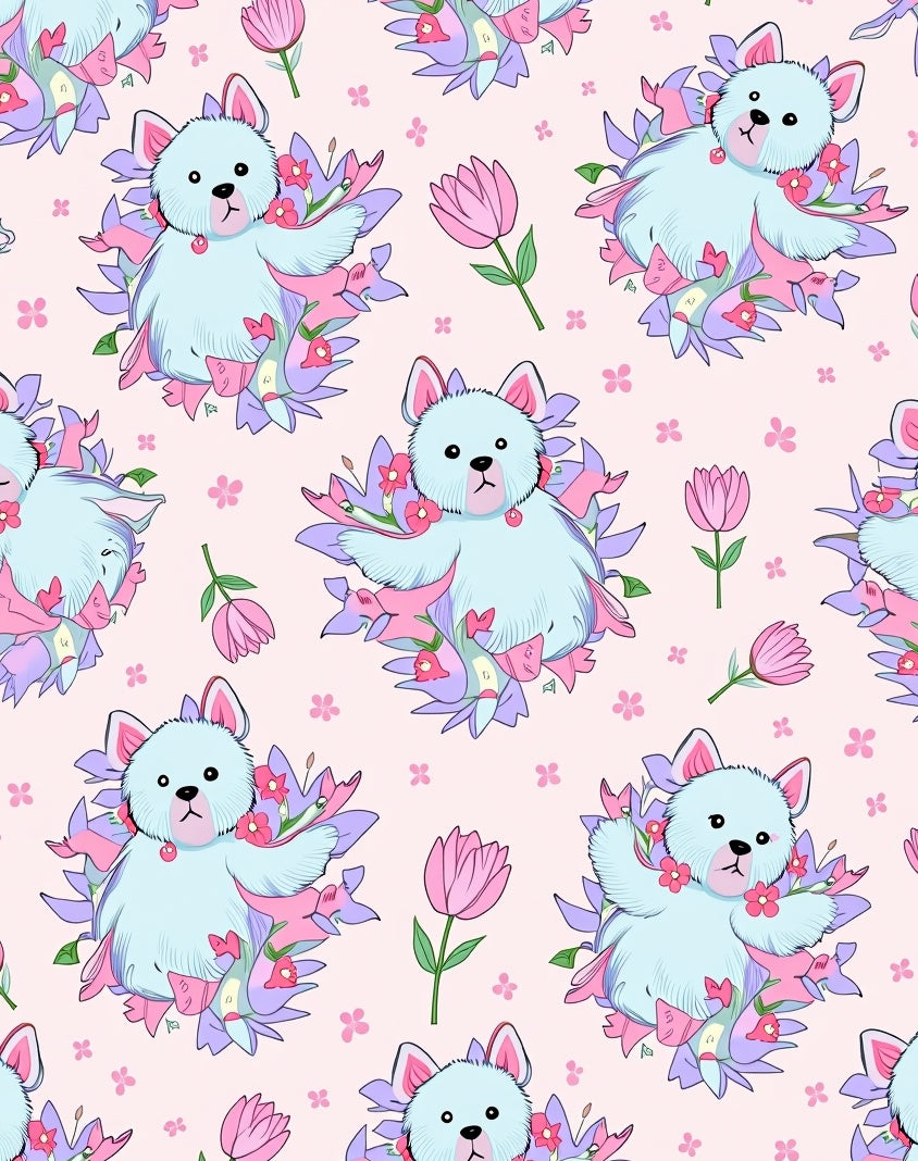 Cute Blue Dog Floral Pink Tulips Rug