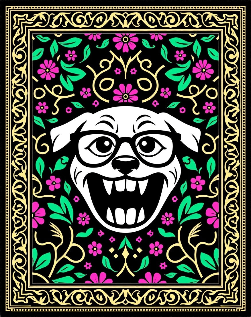 Whimsical Grinning Dog Pink Floral Rug
