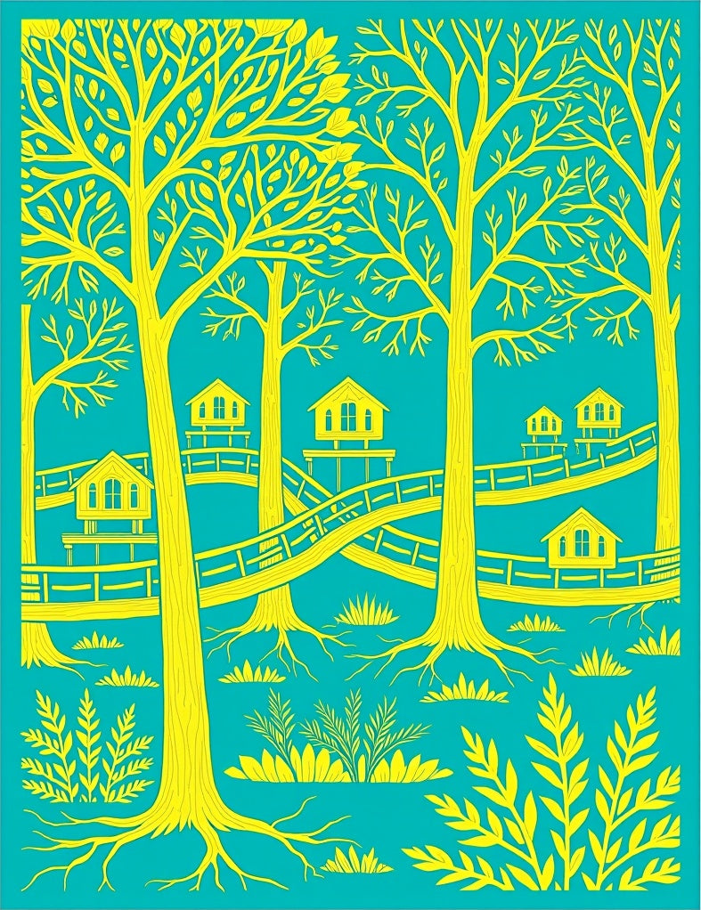 Yellow Treehouses In Tropical Jungle Rug