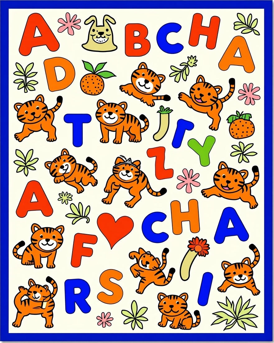 Playful Orange Tigers Alphabet Animals Rug