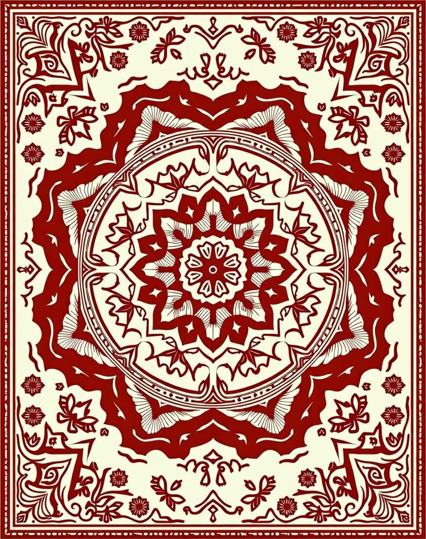 Deep Red Floral Mandala Centerpiece Rug
