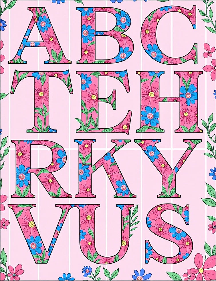 Pink Floral Alphabet Stripes Rug