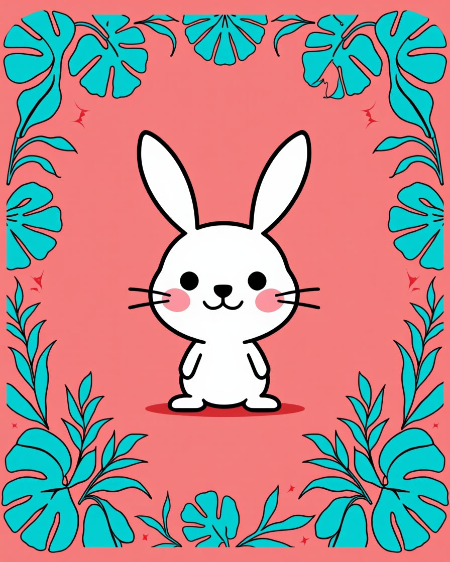 Kawaii White Bunny Tropical Foliage Coral Rug
