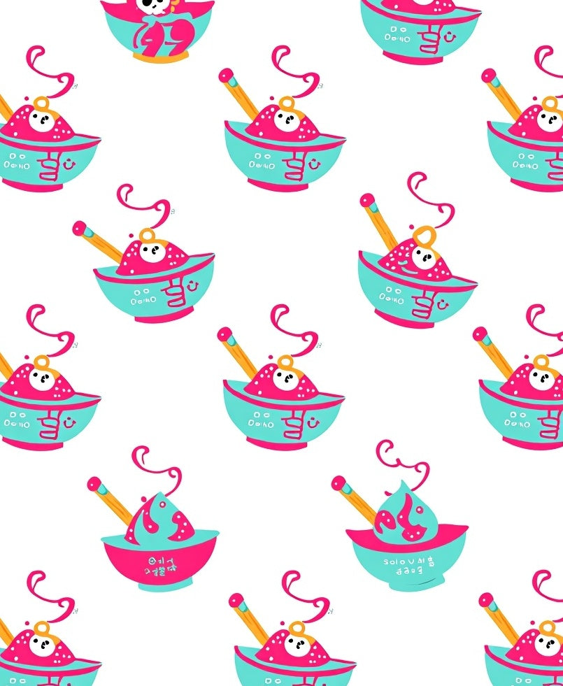 Cartoon Pink Teal Food Bowl Illustration Rug