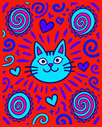 Bright Blue Cat Hearts Swirls Medallions Rug