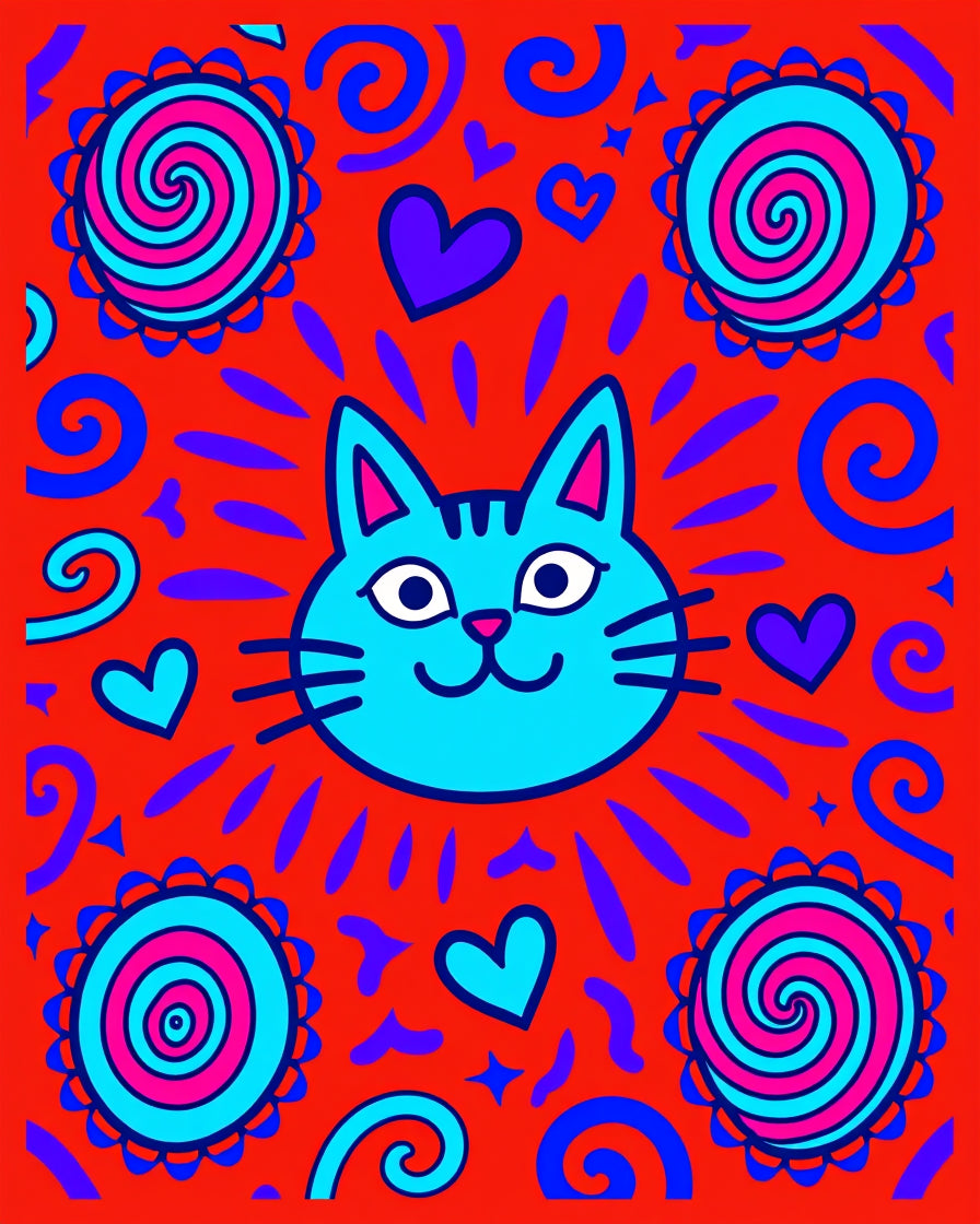 Bright Blue Cat Hearts Swirls Medallions Rug