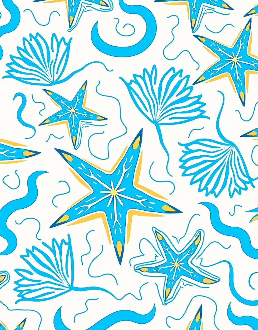 Blue Yellow Starfish Seafoam Waves Rug