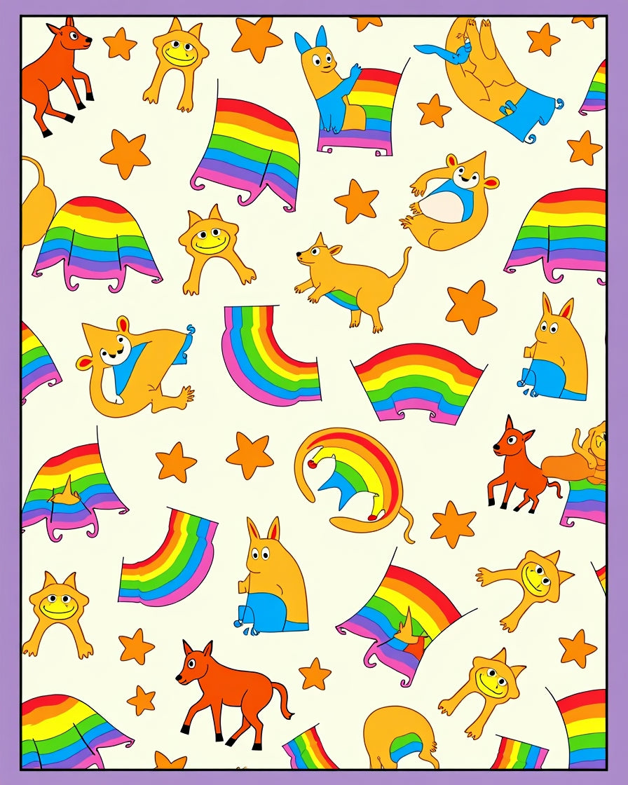 Whimsical Rainbow Creatures Starry Cream Rug