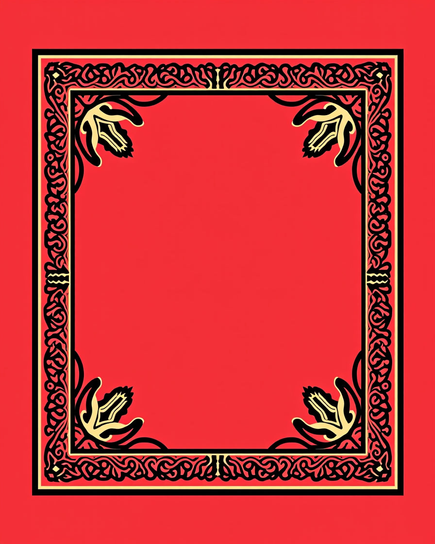Red Ornate Black Gold Floral Border Rug