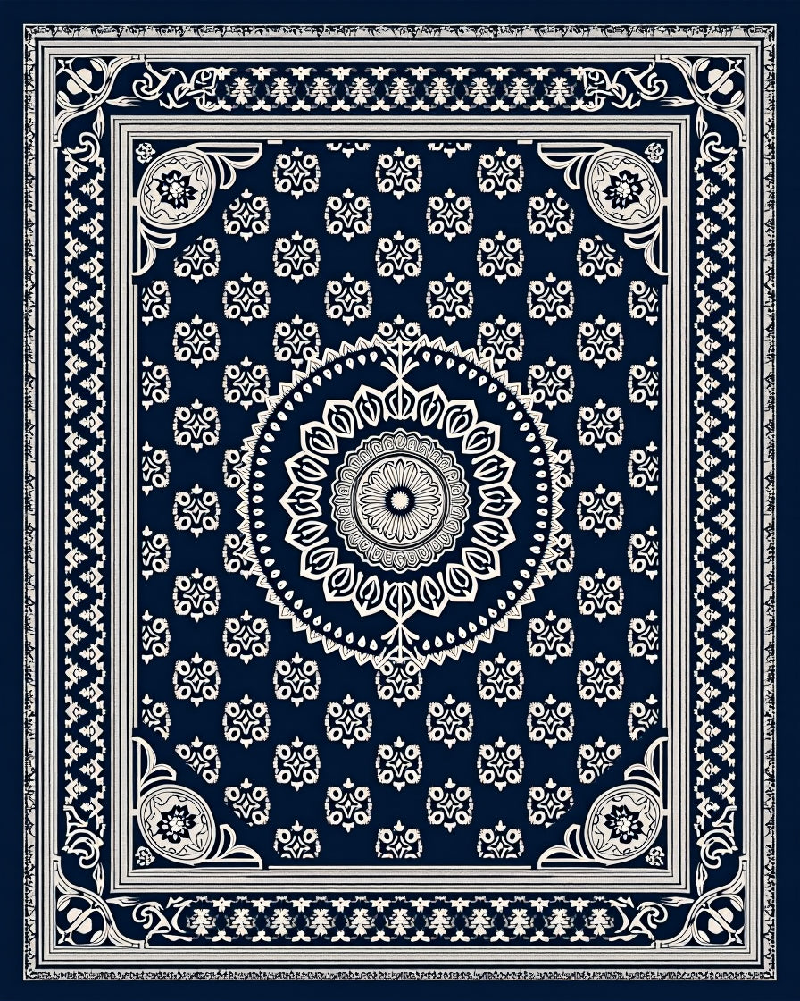 Navy White Intricate Mandala Floral Rug