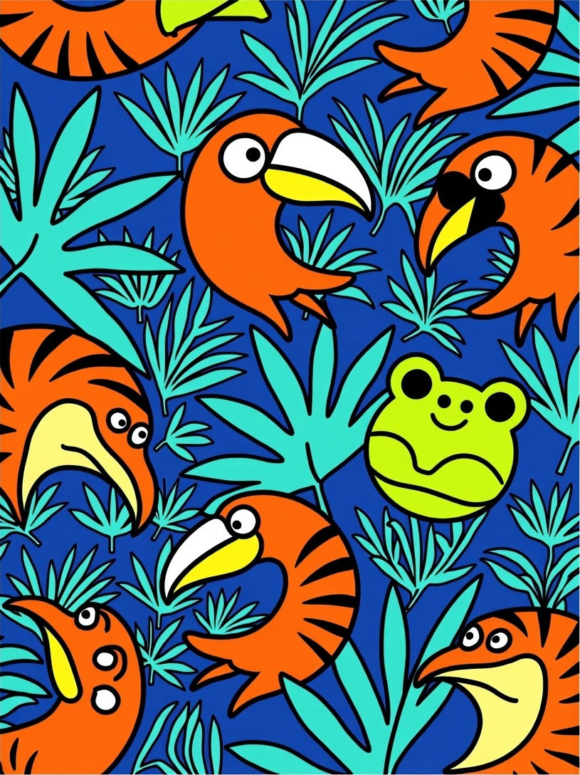 Vibrant Toucan Frog Jungle Scene Rug
