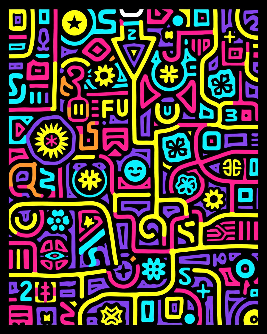 Vibrant Neon Graffiti Maze Rug