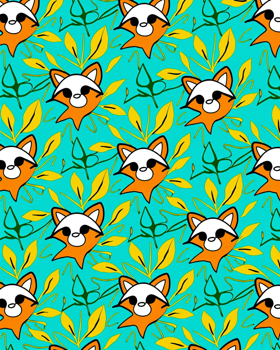 Cute Orange Raccoon Turquoise Leafy Garden Rug