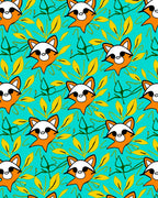 Cute Orange Raccoon Turquoise Leafy Garden Rug