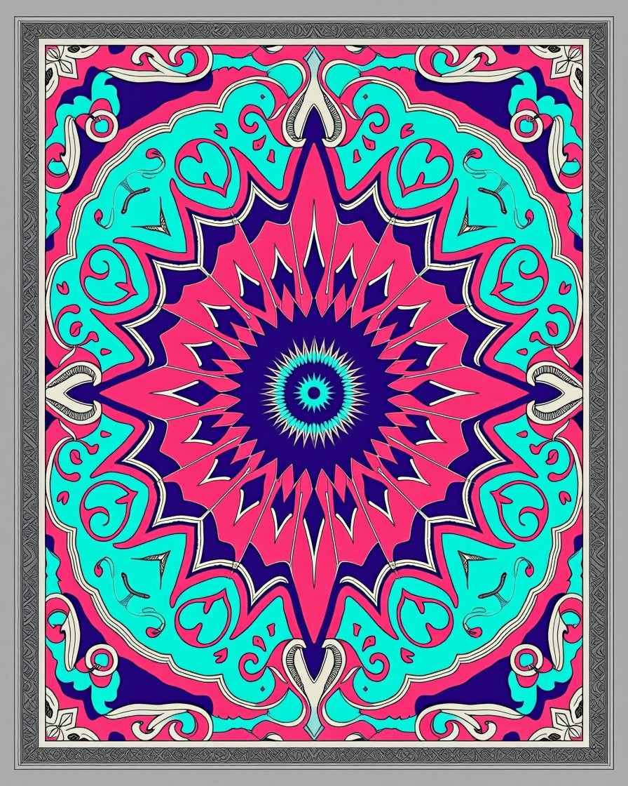 Vibrant Teal Pink Starburst Mandala Rug