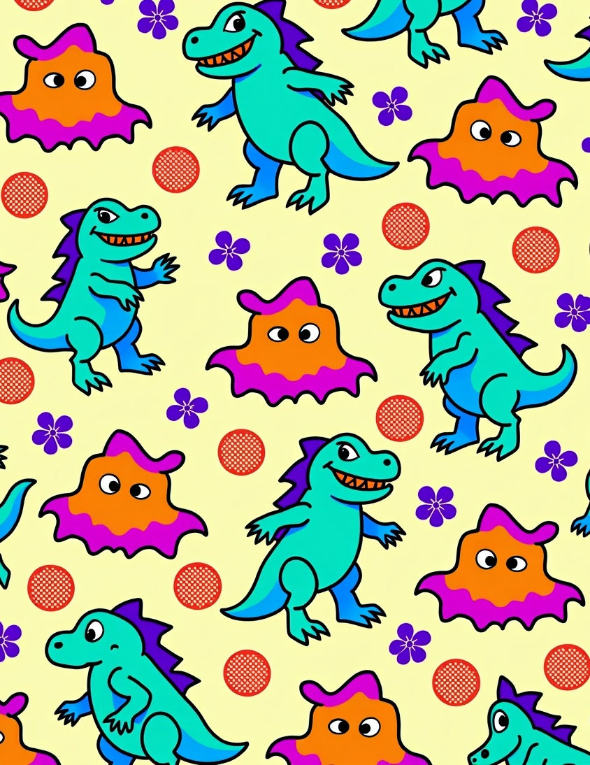Playful Teal Dinosaurs Purple Flowers Rug