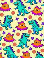 Playful Teal Dinosaurs Purple Flowers Rug