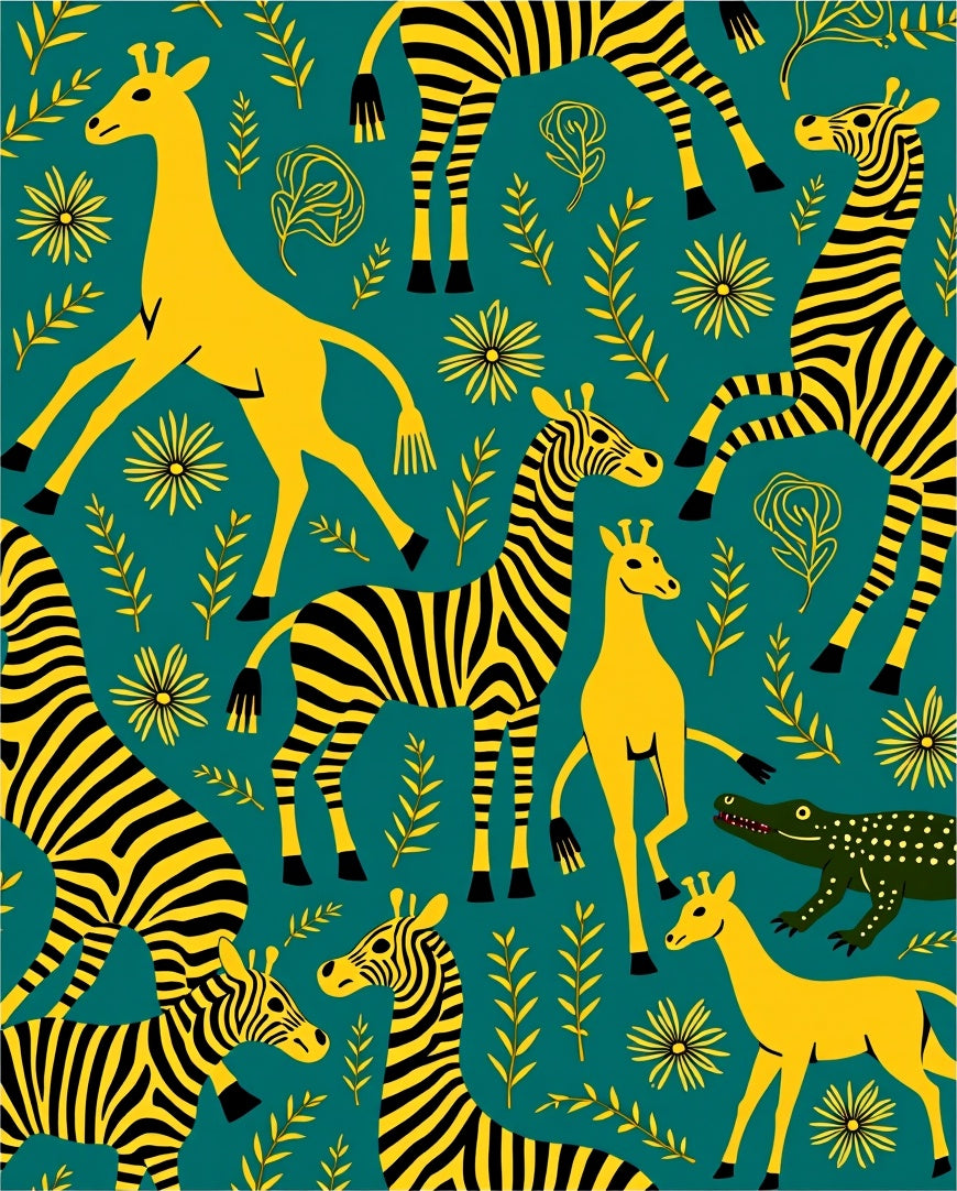 Vibrant Yellow Safari Animals Floral Rug