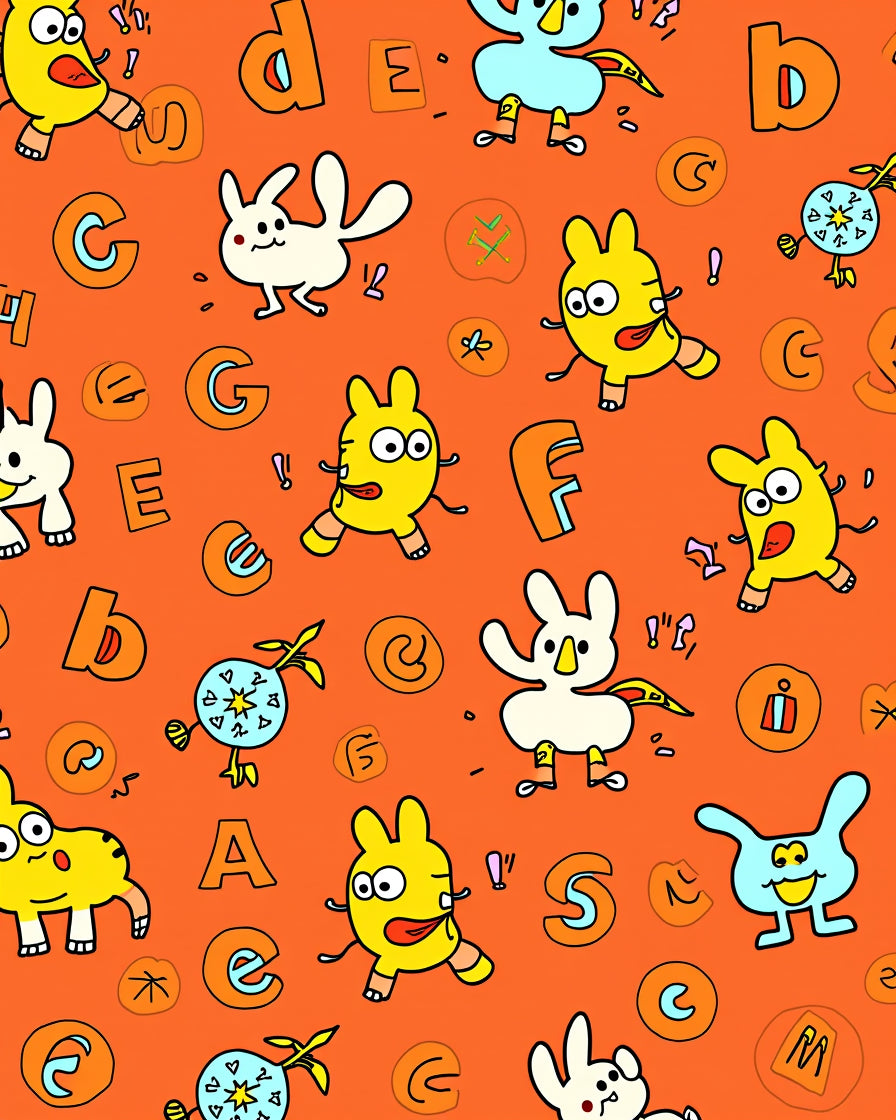 Whimsical Yellow Critters Alphabet Collage Rug