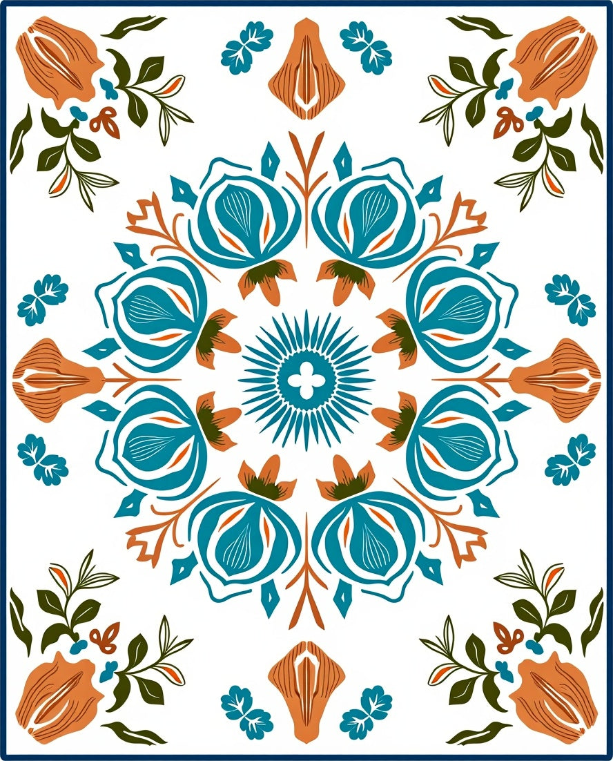 Teal Orange Floral Medallion Art Rug