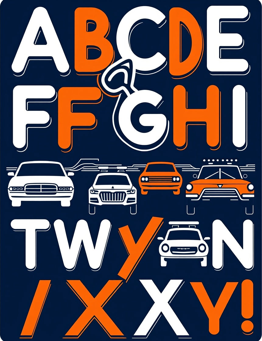 Fun Orange White Alphabet Cars Rug