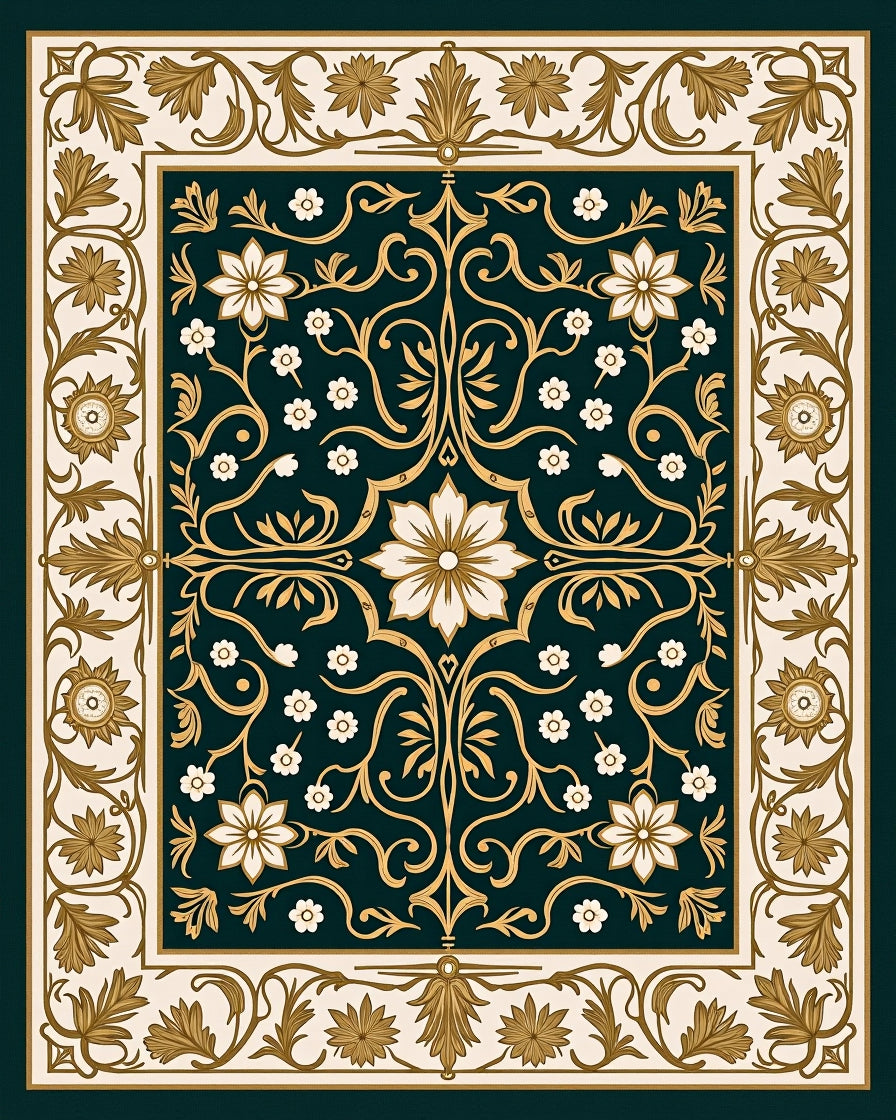 Deep Teal Floral Scroll Work Rug