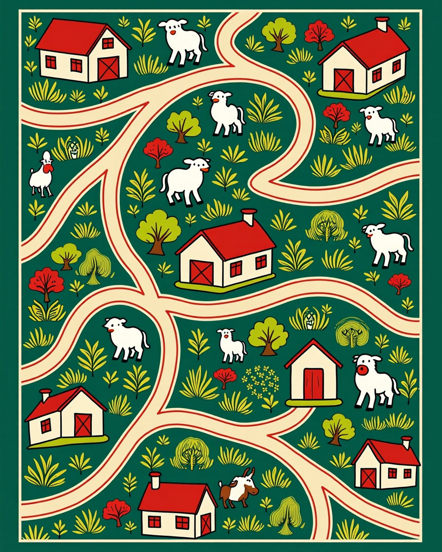 Farmhouse Animals and Houses Green Rug