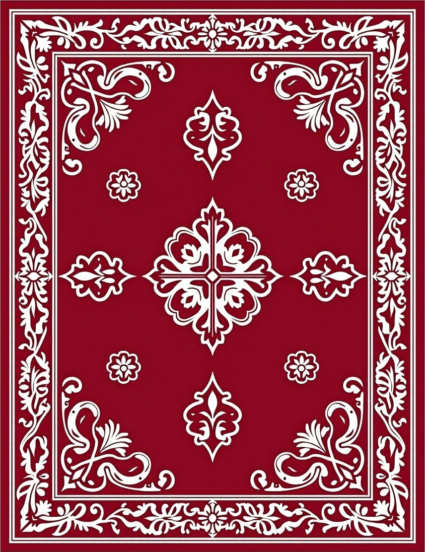 Deep Red White Curlicue Border Tapestry Rug