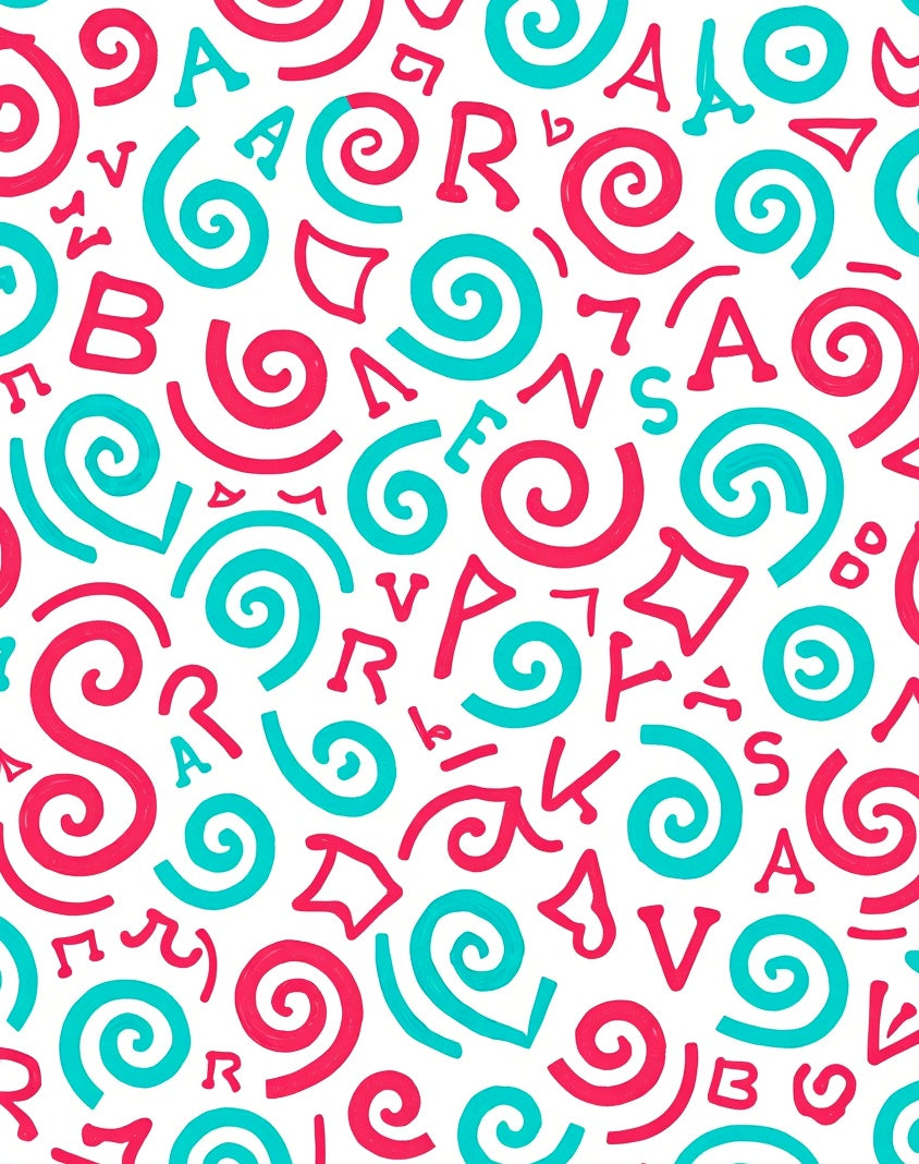 Bright Pink Teal Alphabet Swirls Rug