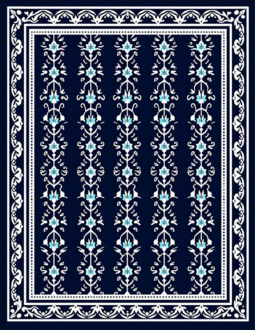 Deep Blue Floral Scrollwork Border Rug