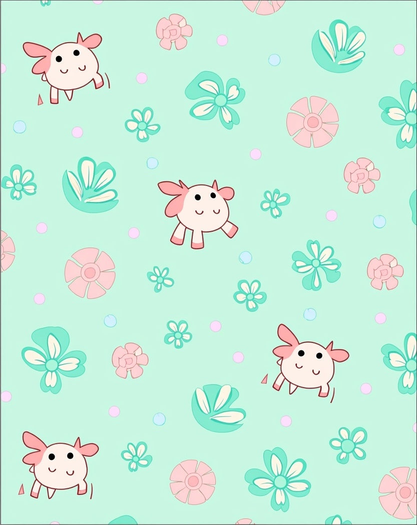Cute Pink Cow Floral Mint Background Rug