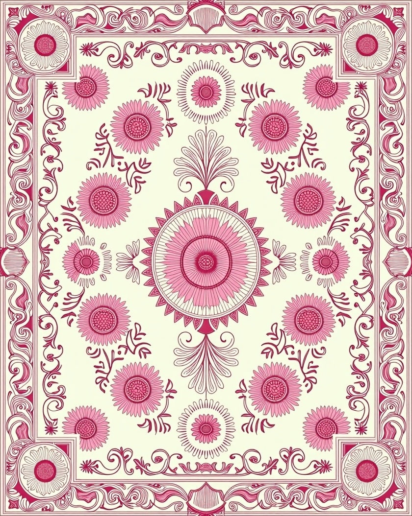 Ornate Pink Floral Border Medallion Rug