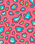 Whimsical Blue Creatures Swirls Bright Red Rug