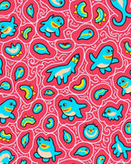 Whimsical Blue Creatures Swirls Bright Red Rug